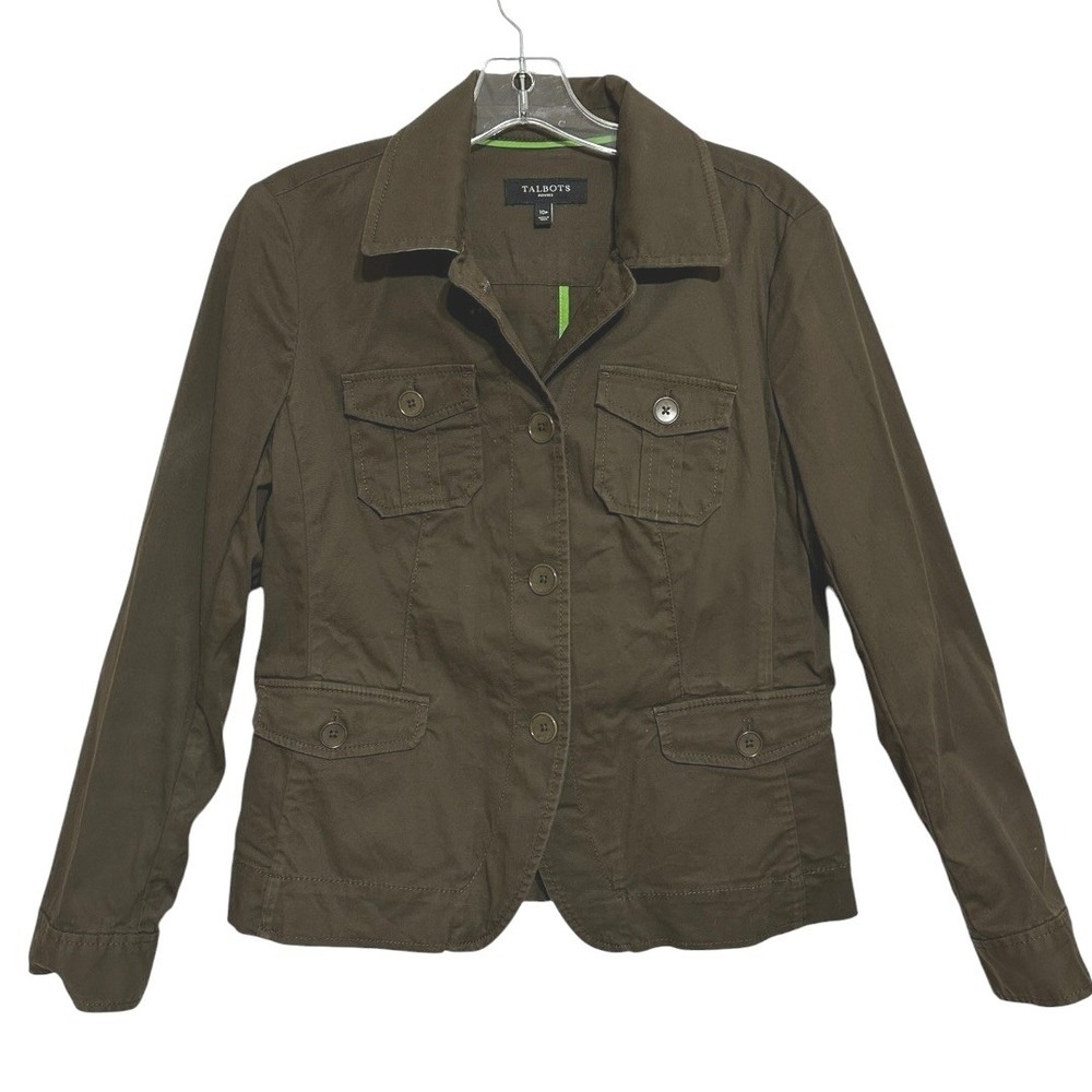 Talbots Utility Blazer Womens Olive Brown Cotton Stretch Earthy Safari 10P